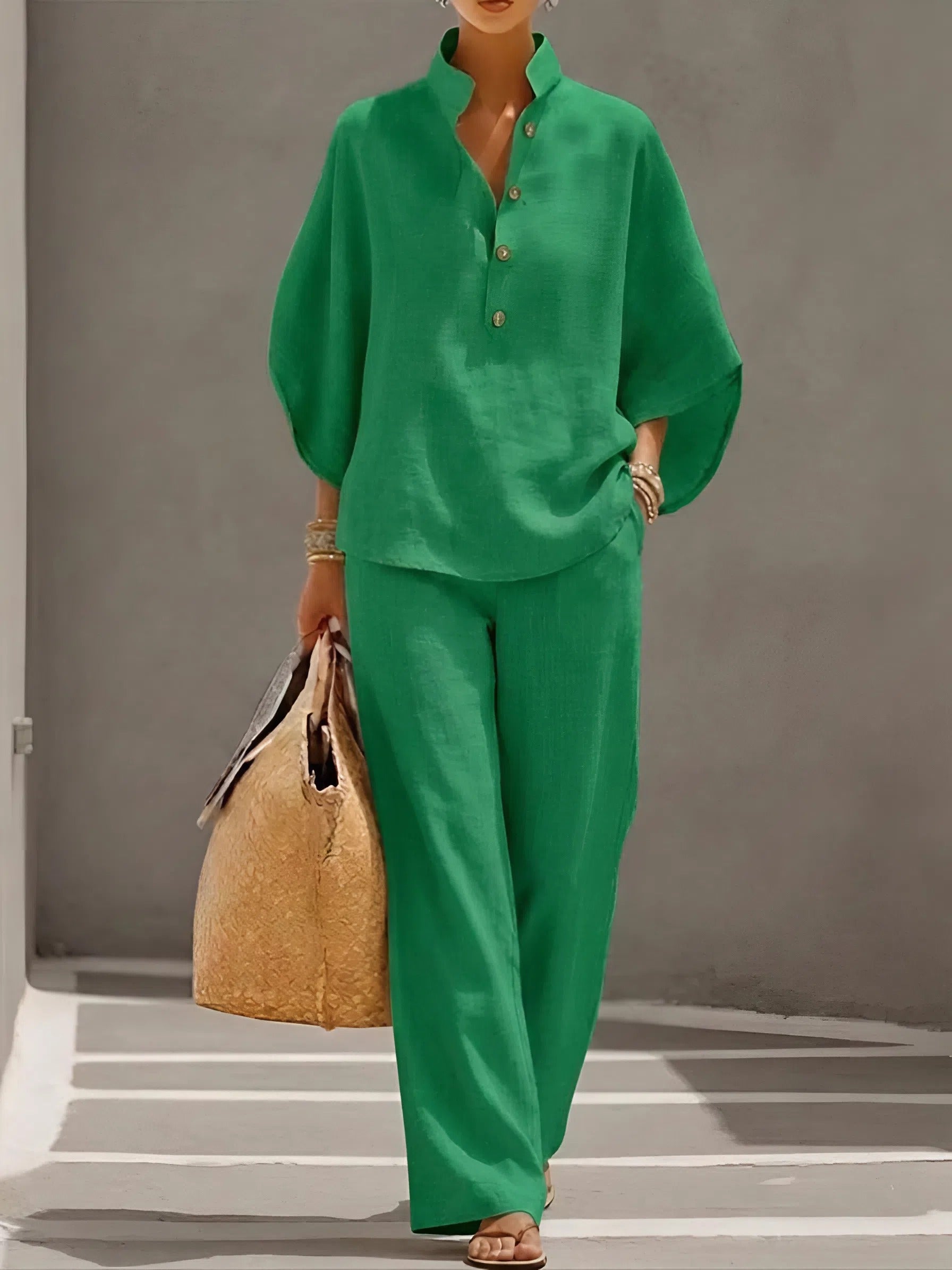 Linen Stand Collar Batwing Sleeve Top and Wide Leg Pant Set