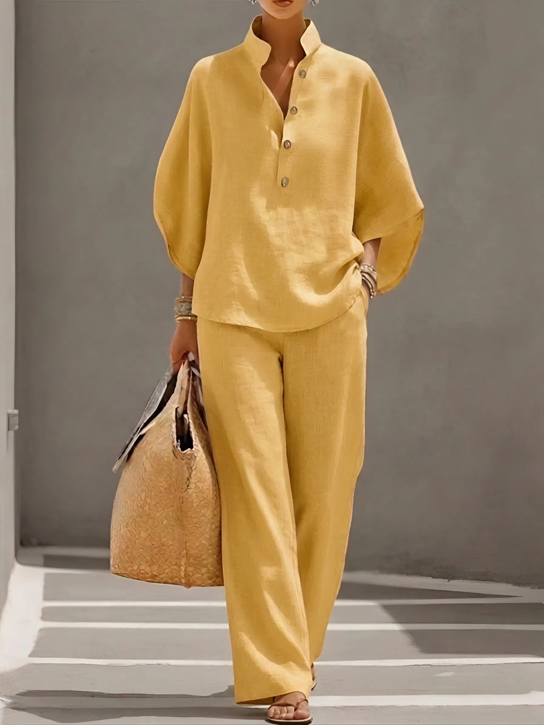 Linen Stand Collar Batwing Sleeve Top and Wide Leg Pant Set