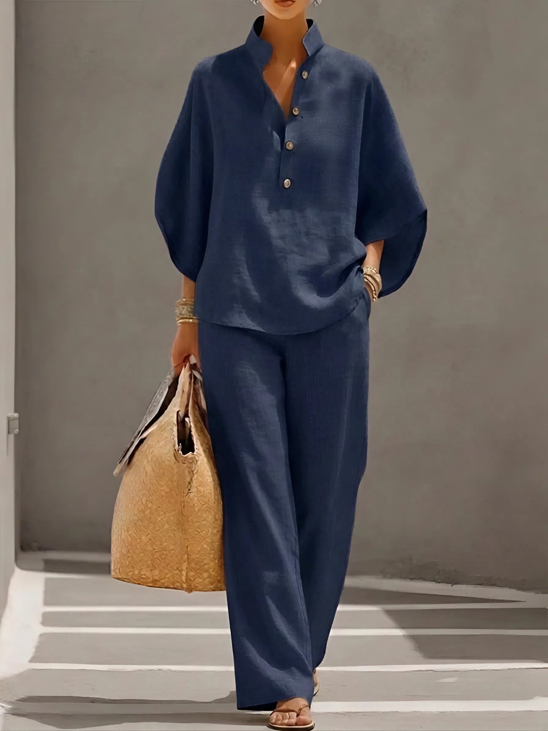 Linen Stand Collar Batwing Sleeve Top and Wide Leg Pant Set