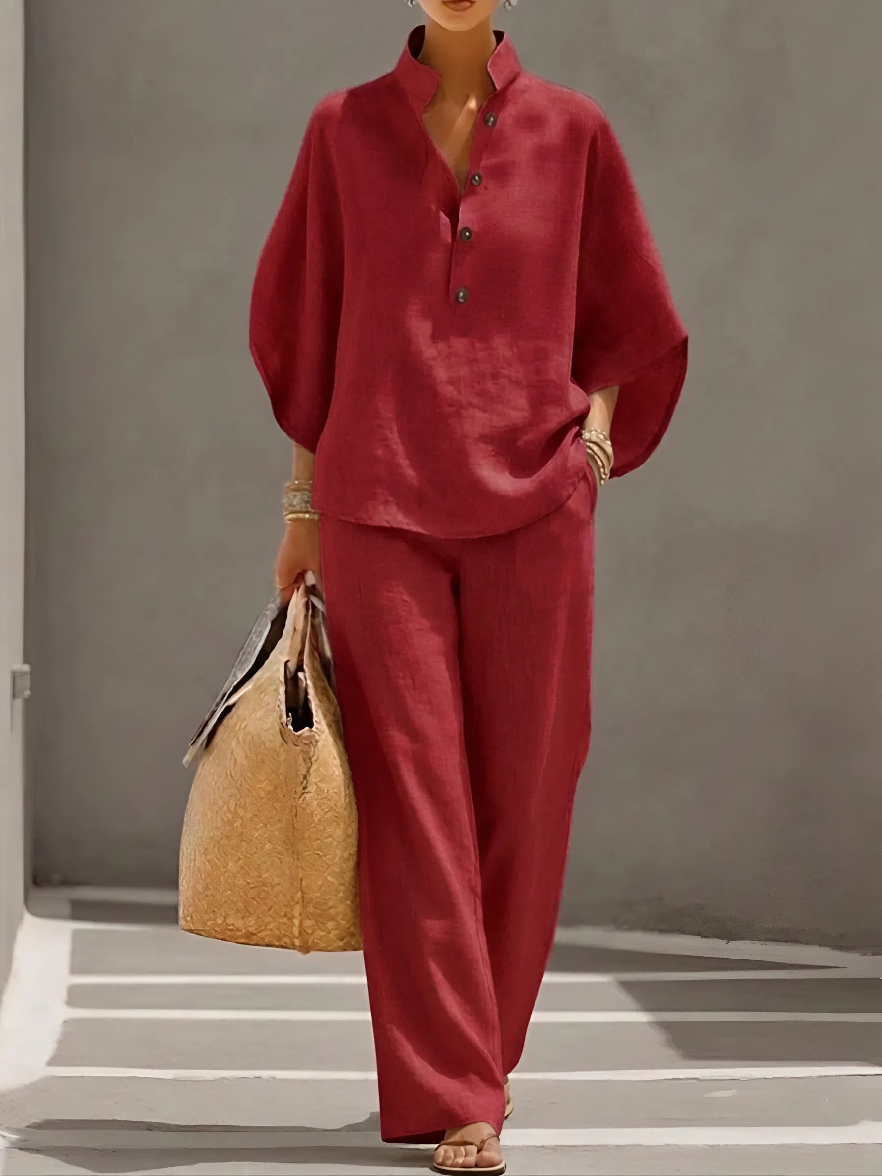 Linen Stand Collar Batwing Sleeve Top and Wide Leg Pant Set