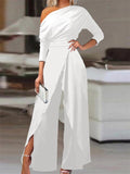 Draped One Shoulder Ruched Overlay Wide Leg Jumpsuit