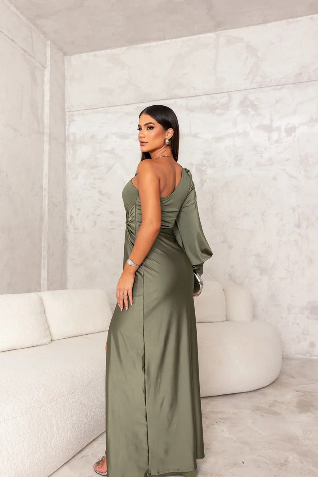 Satin One Shoulder Ruched Split Maxi Dress - Formal Evening Gown