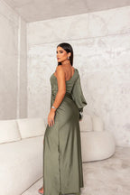 Satin One Shoulder Ruched Split Maxi Dress - Formal Evening Gown