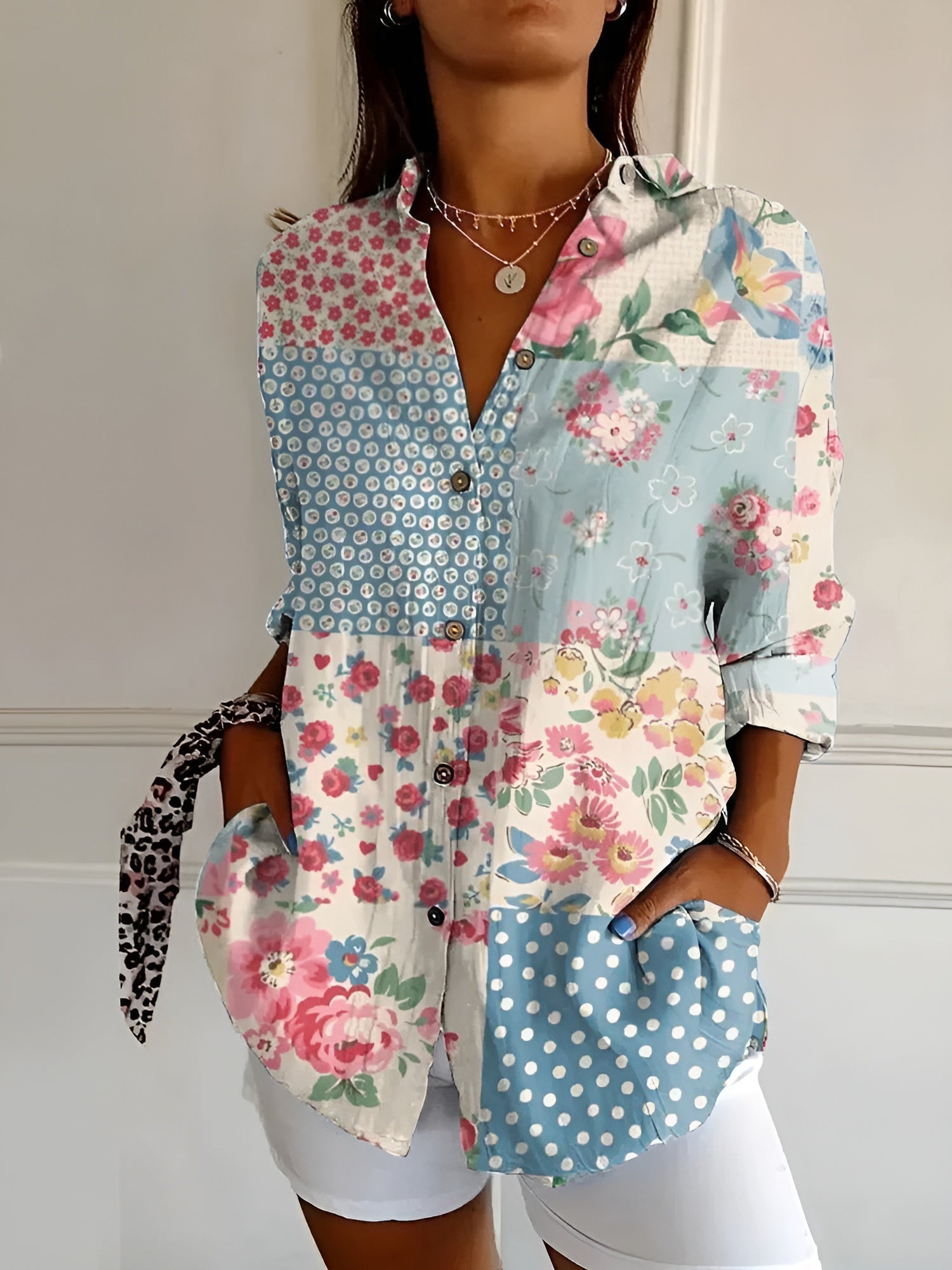 Floral Vine Print Oversized Button Down Linen Blouse
