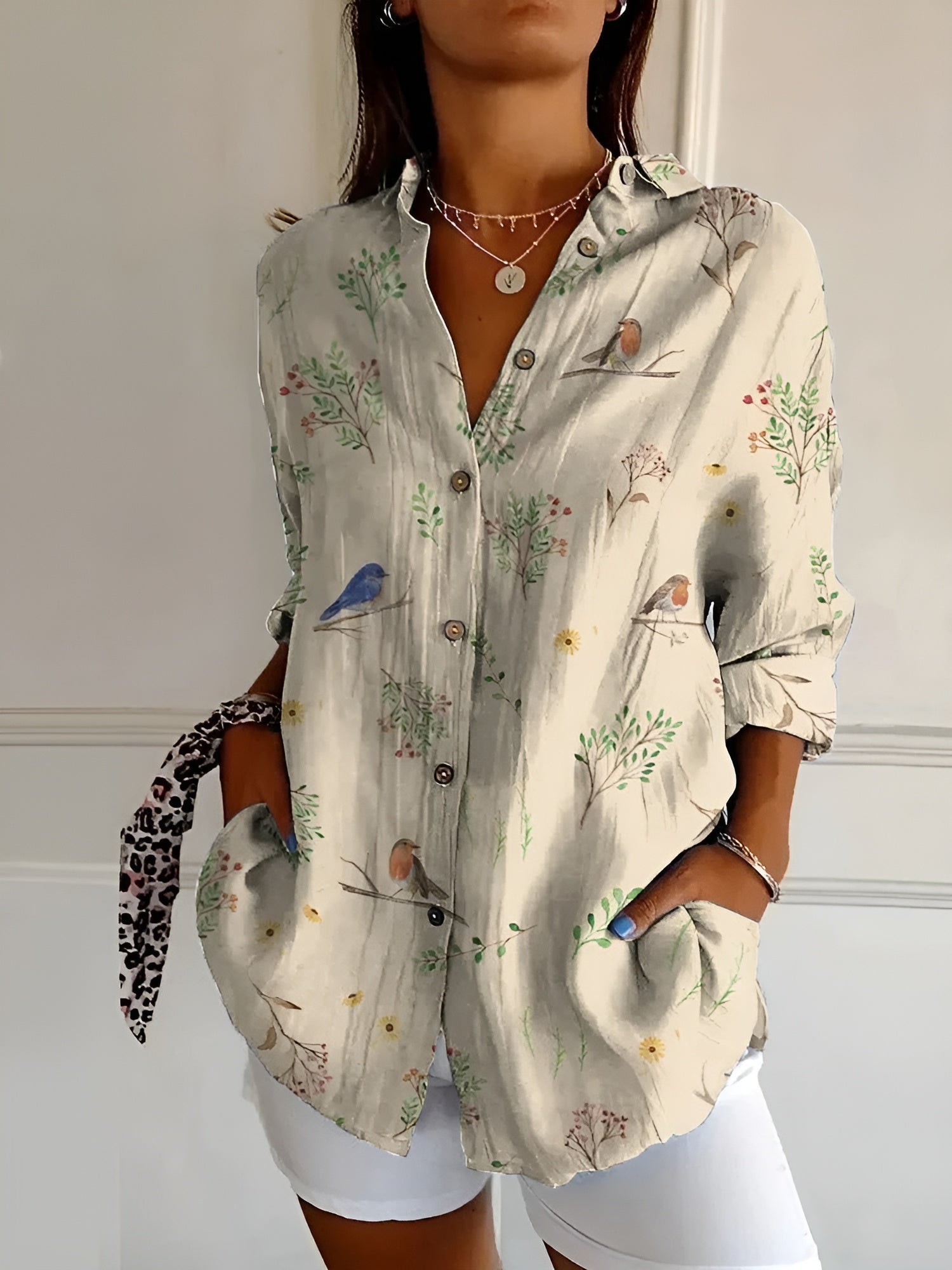 Floral Vine Print Oversized Button Down Linen Blouse