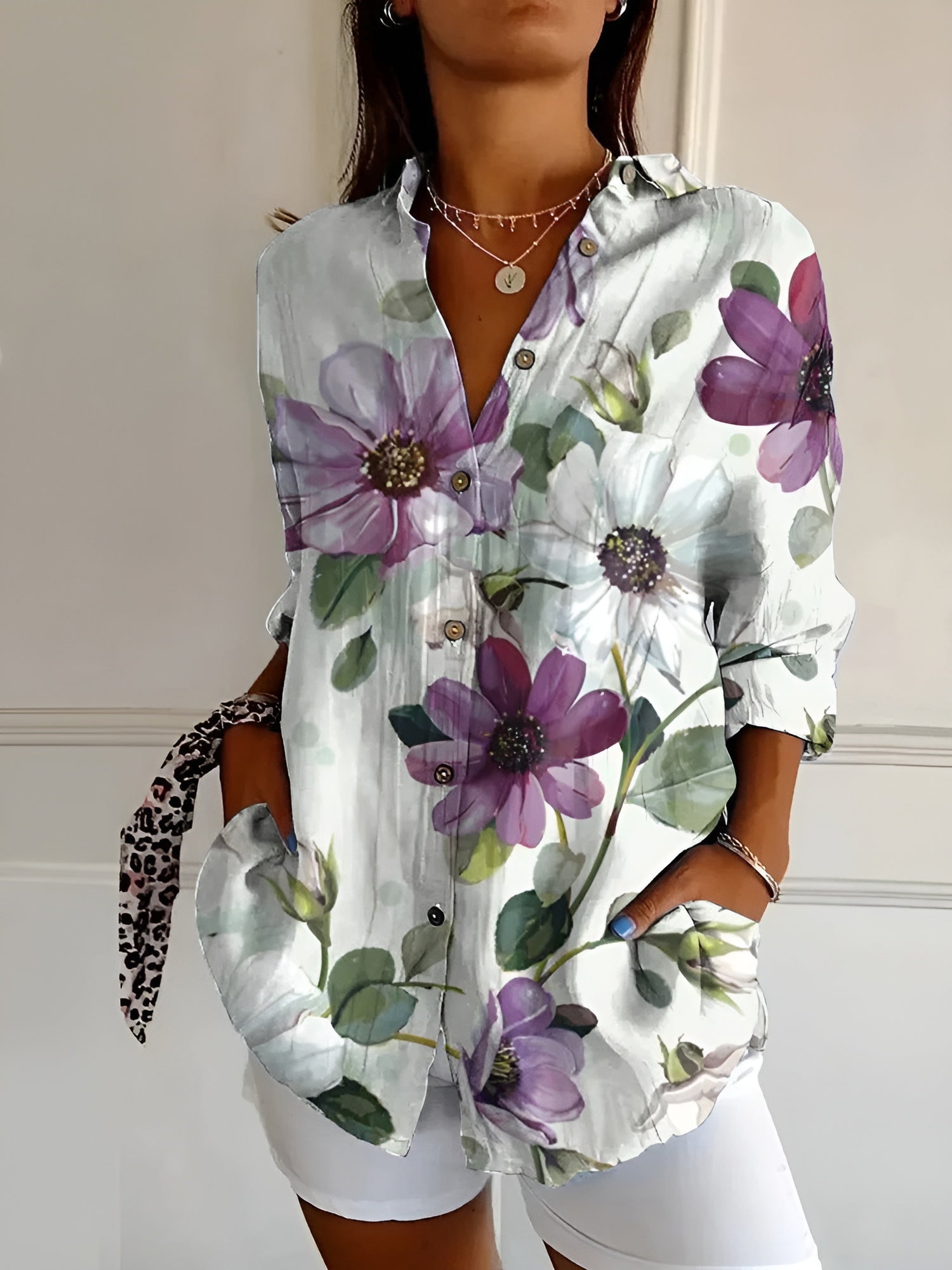 Floral Vine Print Oversized Button Down Linen Blouse