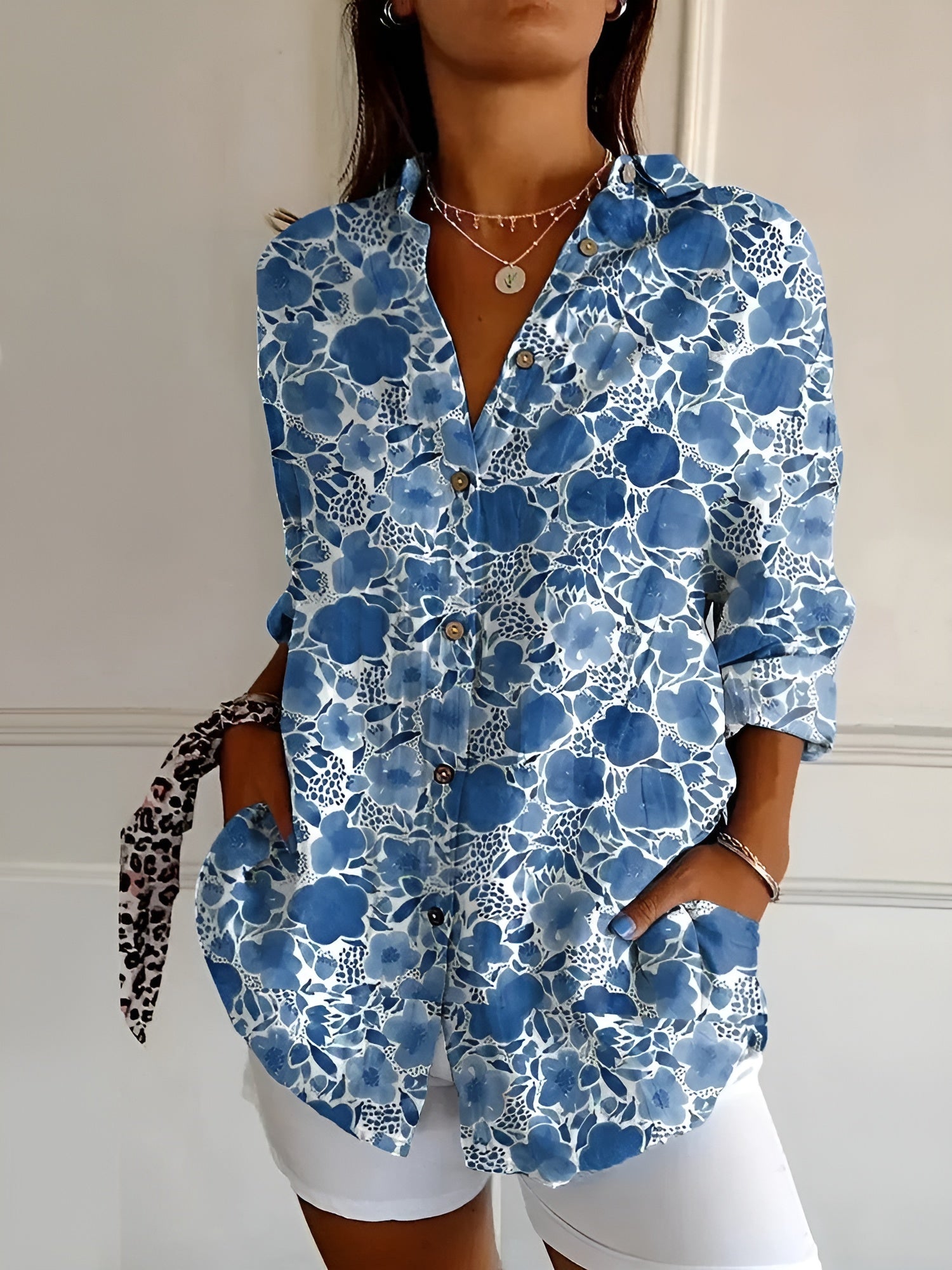 Floral Vine Print Oversized Button Down Linen Blouse