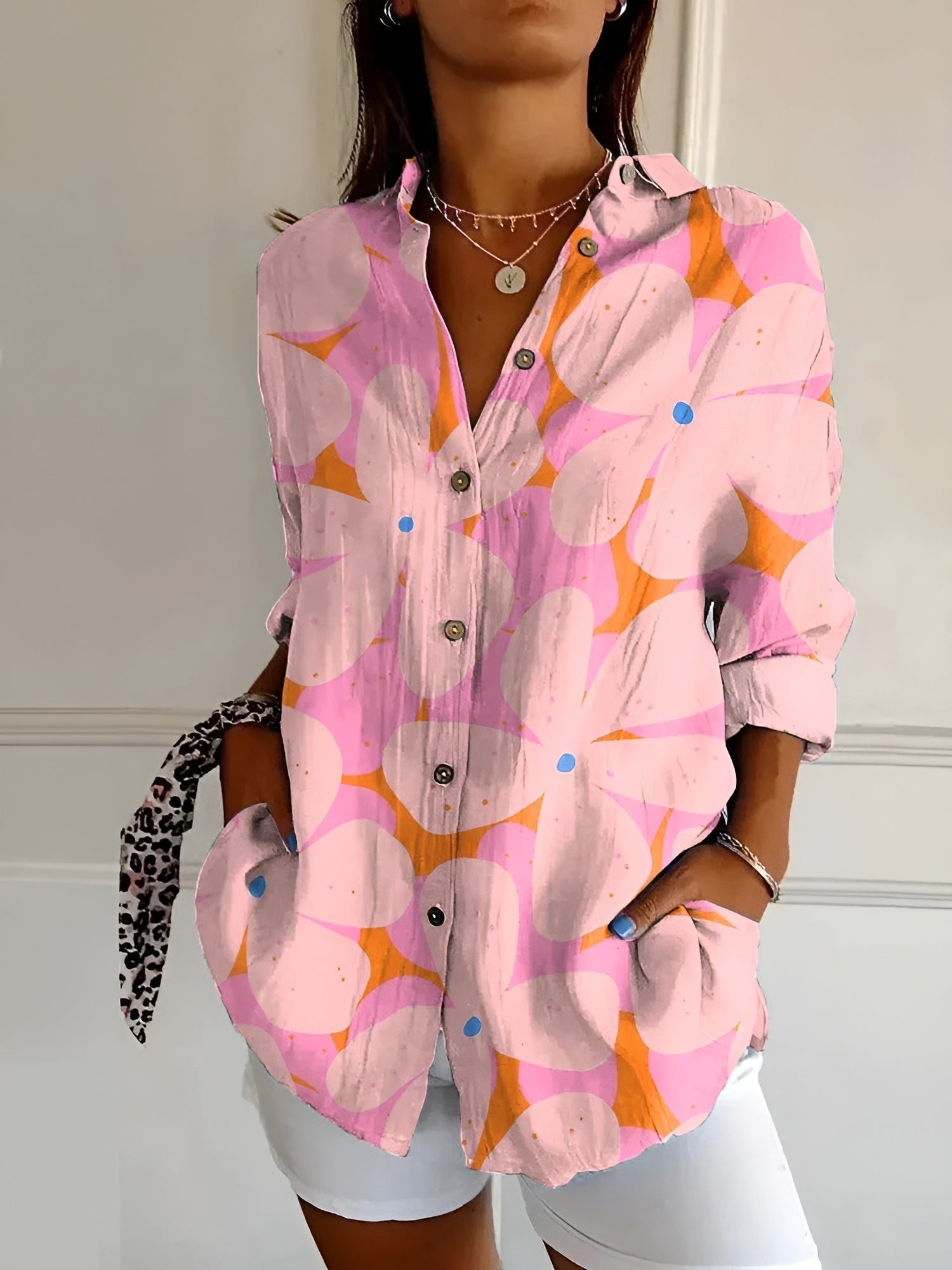Floral Vine Print Oversized Button Down Linen Blouse