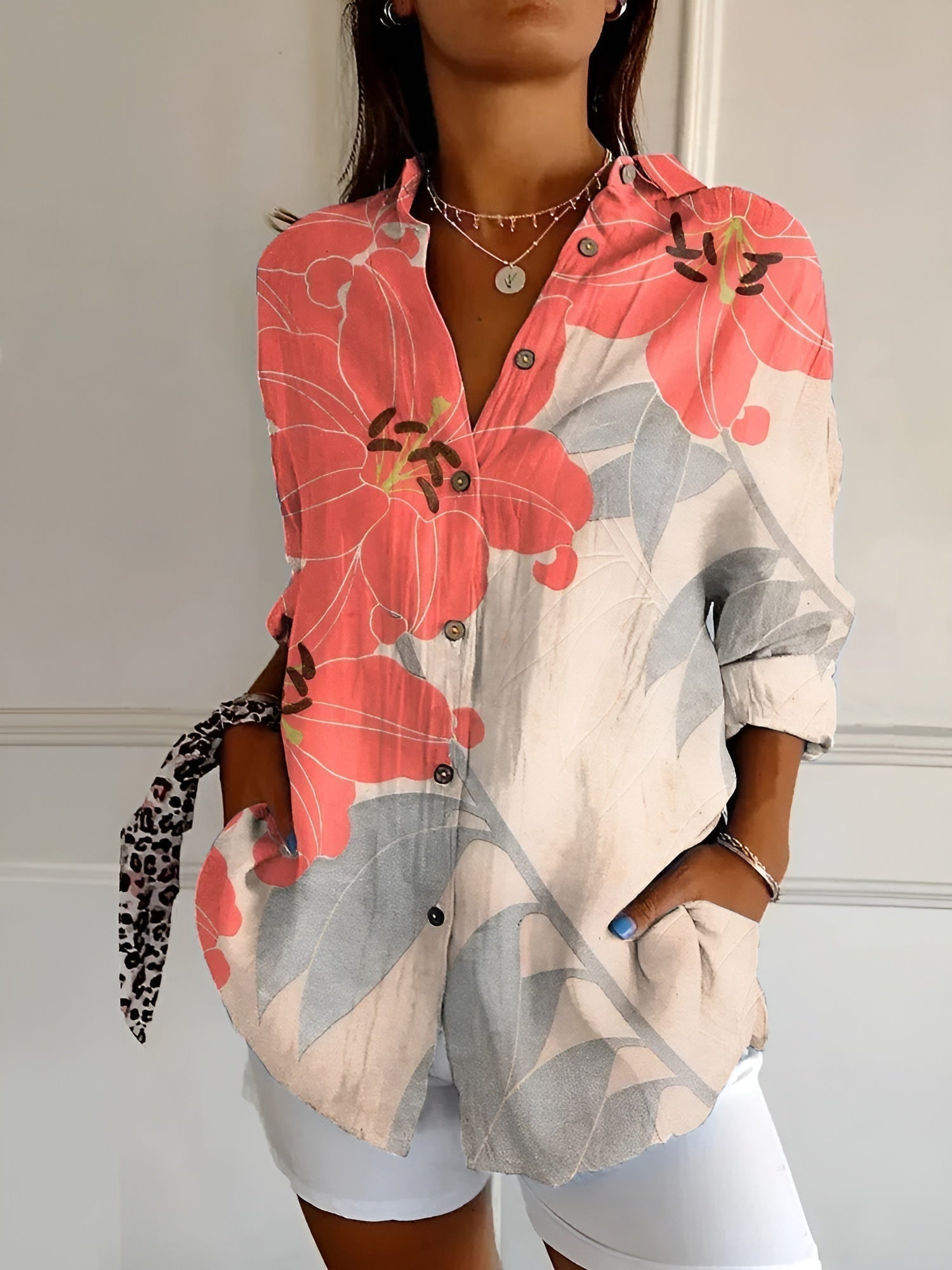 Floral Vine Print Oversized Button Down Linen Blouse
