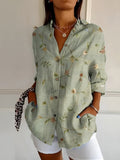 Floral Vine Print Oversized Button Down Linen Blouse