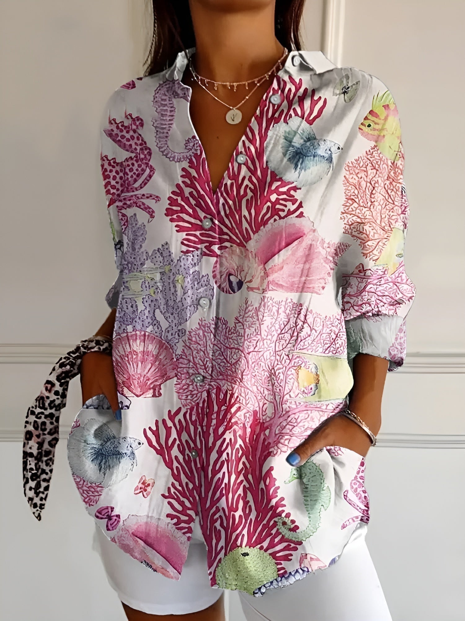 Floral Vine Print Oversized Button Down Linen Blouse