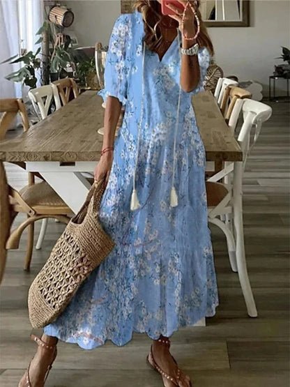 Ikat Print Tassel Tie V-Neck Boho Maxi Dress