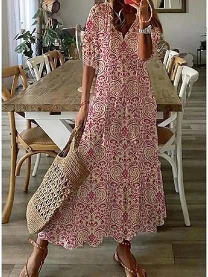 Ikat Print Tassel Tie V-Neck Boho Maxi Dress