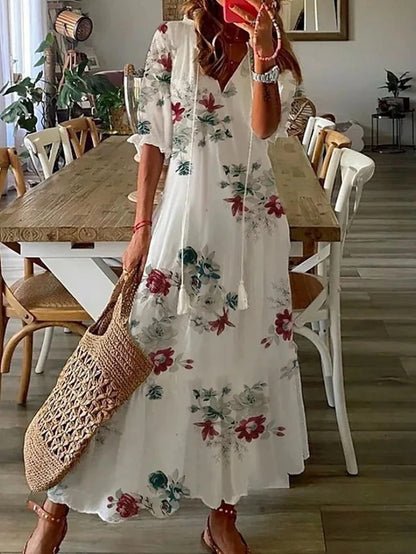 Ikat Print Tassel Tie V-Neck Boho Maxi Dress