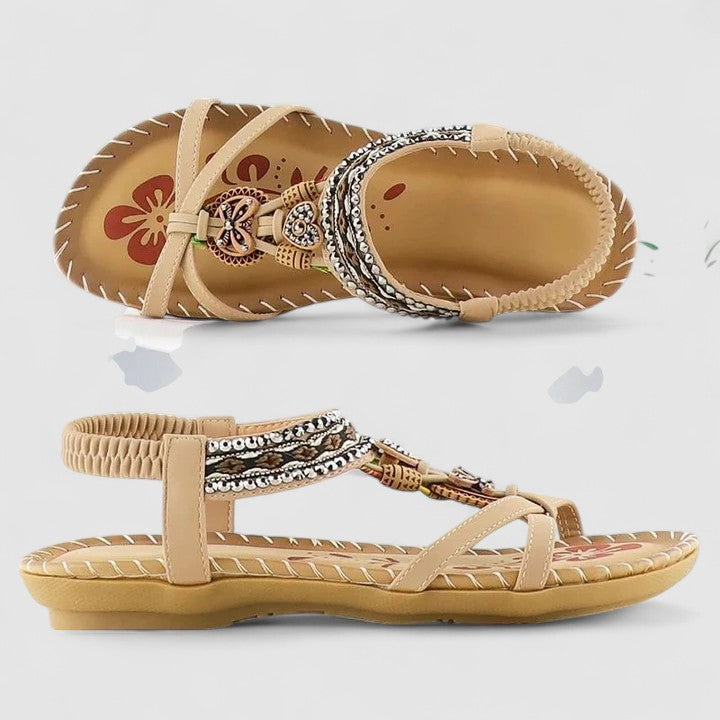 Boho Beaded Rhinestone Elastic Strap Flat Toe Ring Sandal