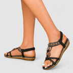 Boho Beaded Rhinestone Elastic Strap Flat Toe Ring Sandal