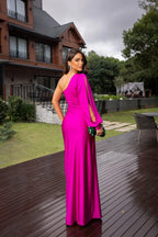Satin One Shoulder Ruched Split Maxi Dress - Formal Evening Gown