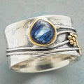 Kyanite Gold Bezel Granule Detail Hammered Wide Band Ring
