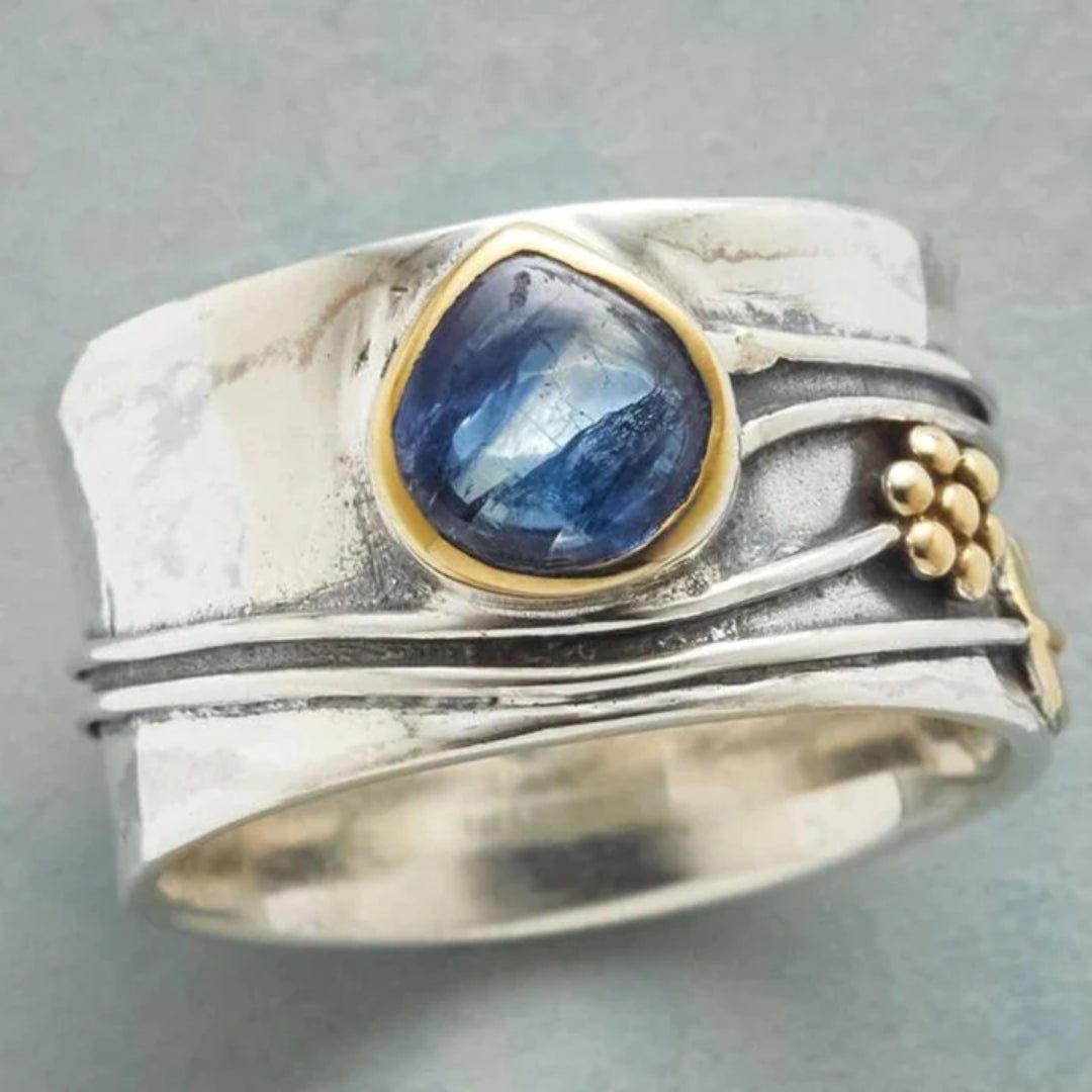 Kyanite Gold Bezel Granule Detail Hammered Wide Band Ring