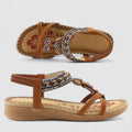 Boho Beaded Rhinestone Elastic Strap Flat Toe Ring Sandal
