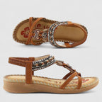 Boho Beaded Rhinestone Elastic Strap Flat Toe Ring Sandal