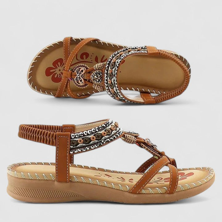 Boho Beaded Rhinestone Elastic Strap Flat Toe Ring Sandal