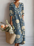 Vintage Floral Print V Neck Three Quarter Sleeve Boho Maxi Dress