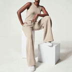Sleeveless Crew Neck Drawstring Waist Wide Leg Casual Jumpsuit