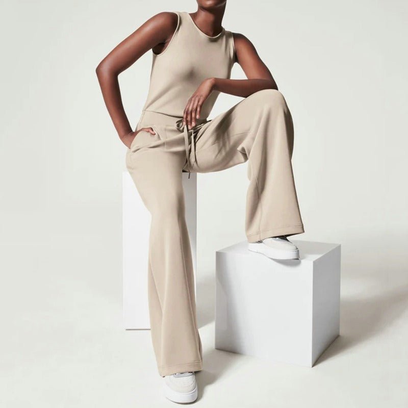 Sleeveless Crew Neck Drawstring Waist Wide Leg Casual Jumpsuit