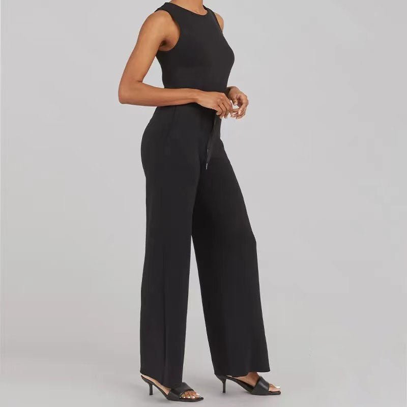 Sleeveless Crew Neck Drawstring Waist Wide Leg Casual Jumpsuit