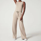 Sleeveless Crew Neck Drawstring Waist Wide Leg Casual Jumpsuit