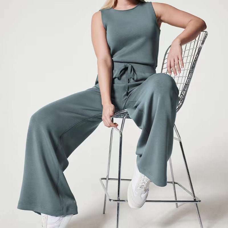 Sleeveless Crew Neck Drawstring Waist Wide Leg Casual Jumpsuit