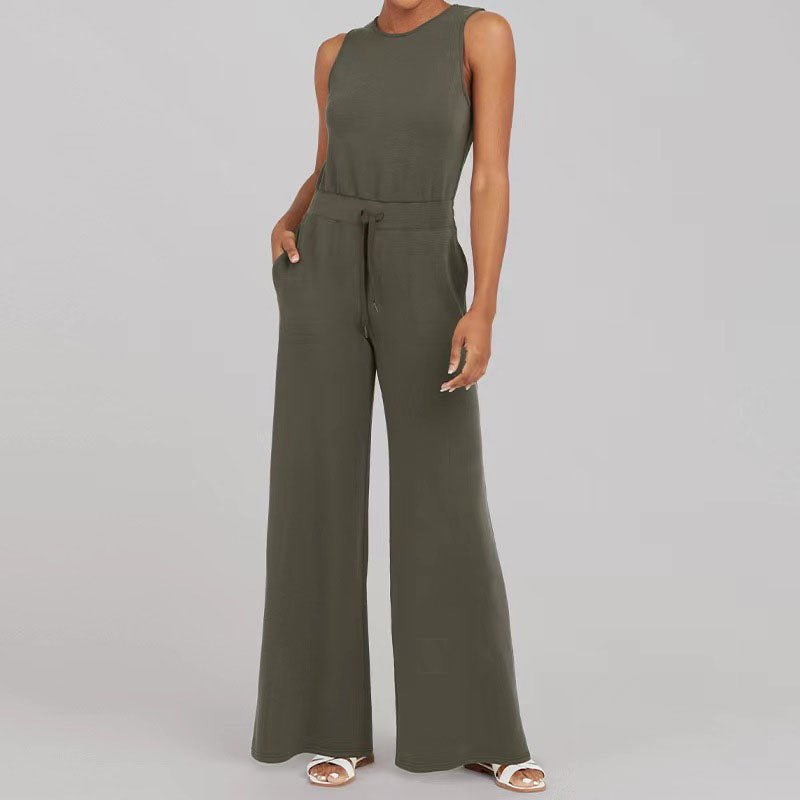Sleeveless Crew Neck Drawstring Waist Wide Leg Casual Jumpsuit