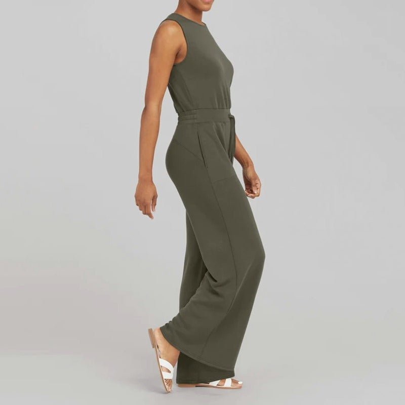 Sleeveless Crew Neck Drawstring Waist Wide Leg Casual Jumpsuit