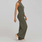 Sleeveless Crew Neck Drawstring Waist Wide Leg Casual Jumpsuit