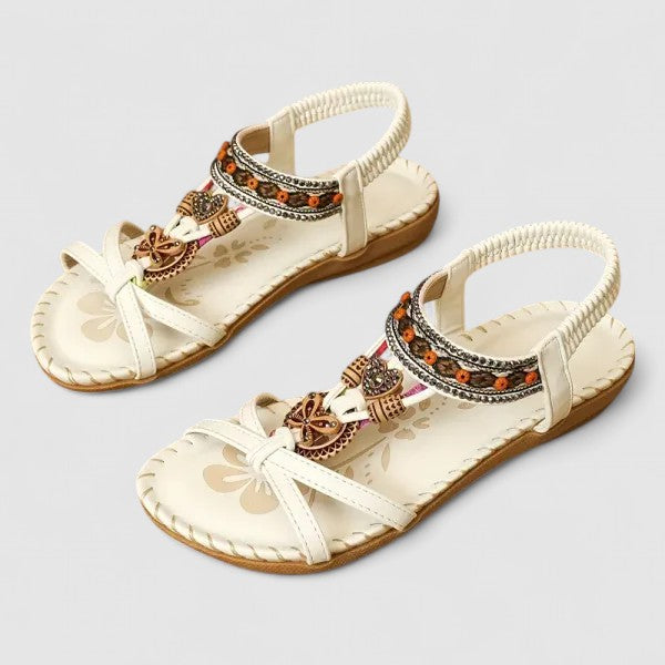 Boho Beaded Rhinestone Elastic Strap Flat Toe Ring Sandal
