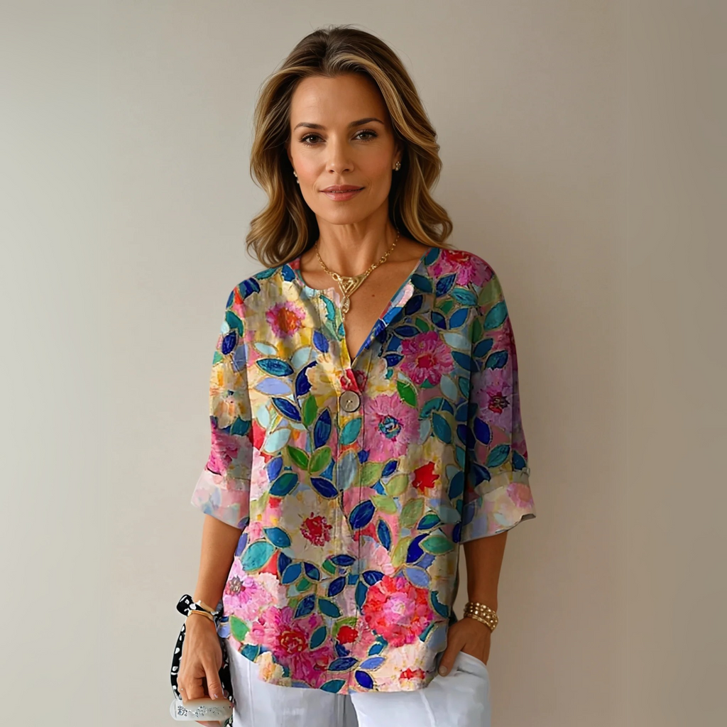 Abstract Floral Print V Neck Button Relaxed Summer Blouse