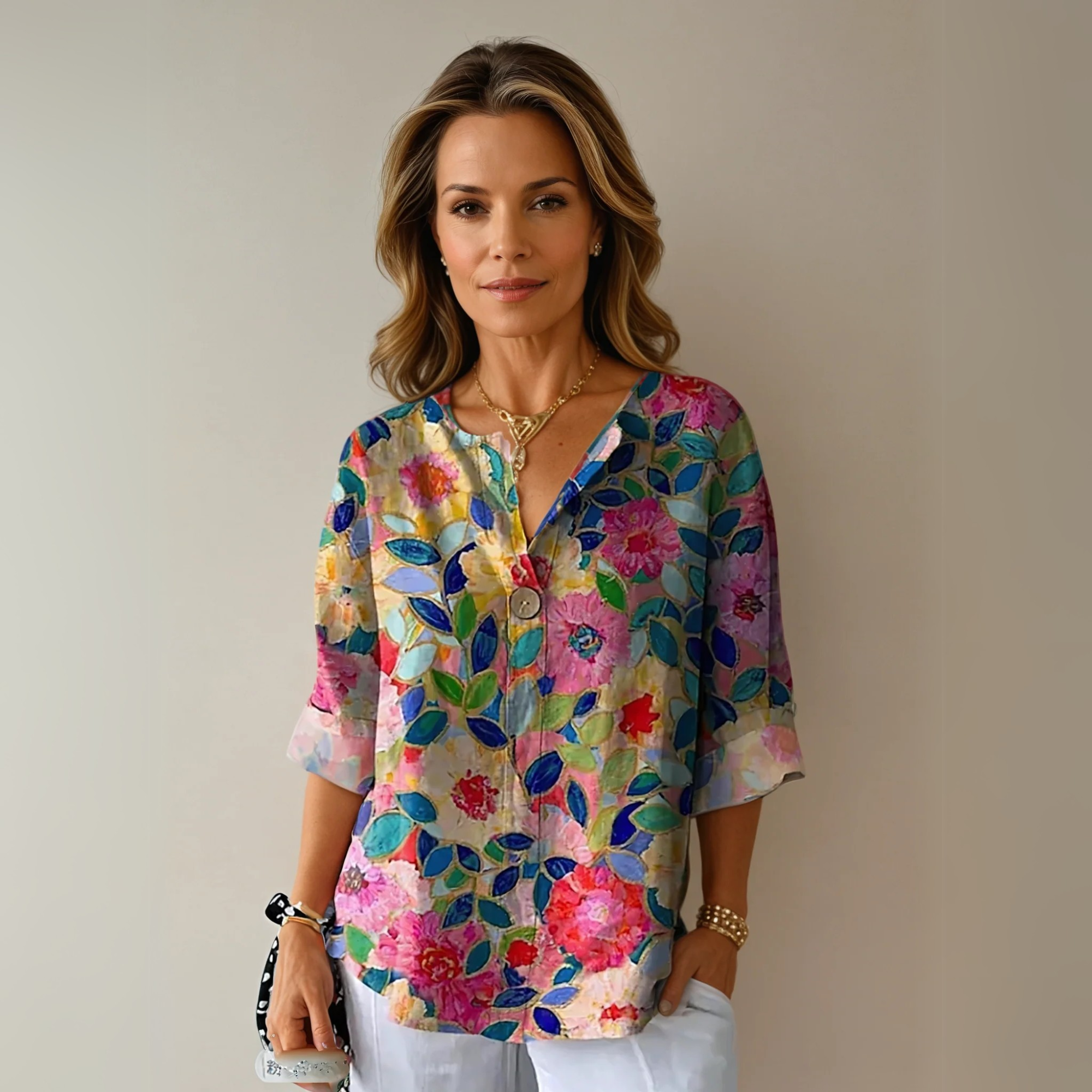 Abstract Floral Print V Neck Button Relaxed Summer Blouse