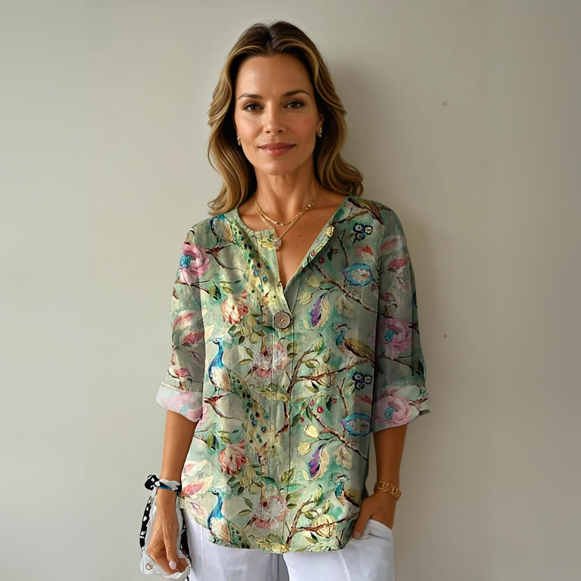 Abstract Floral Print V Neck Button Relaxed Summer Blouse