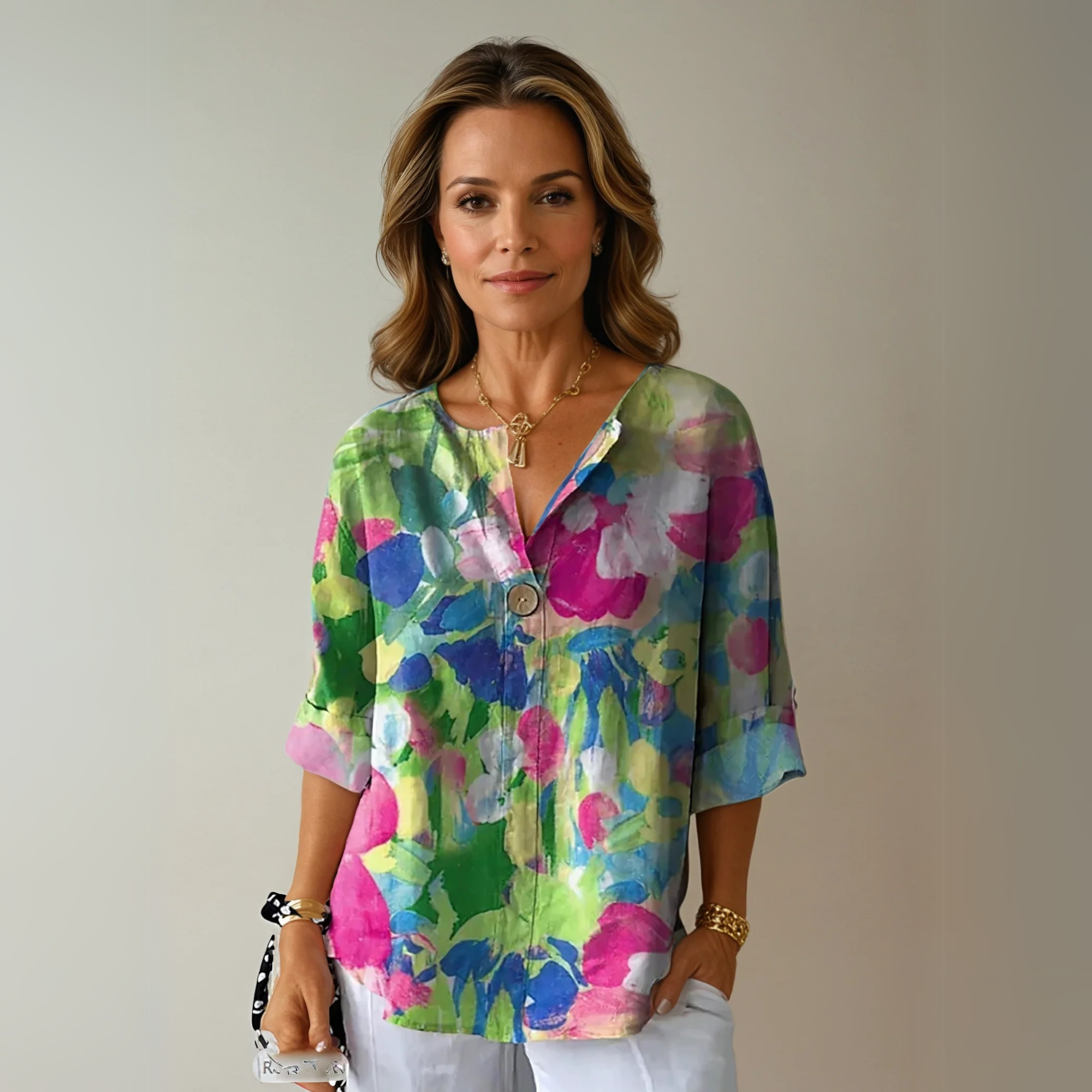 Abstract Floral Print V Neck Button Relaxed Summer Blouse