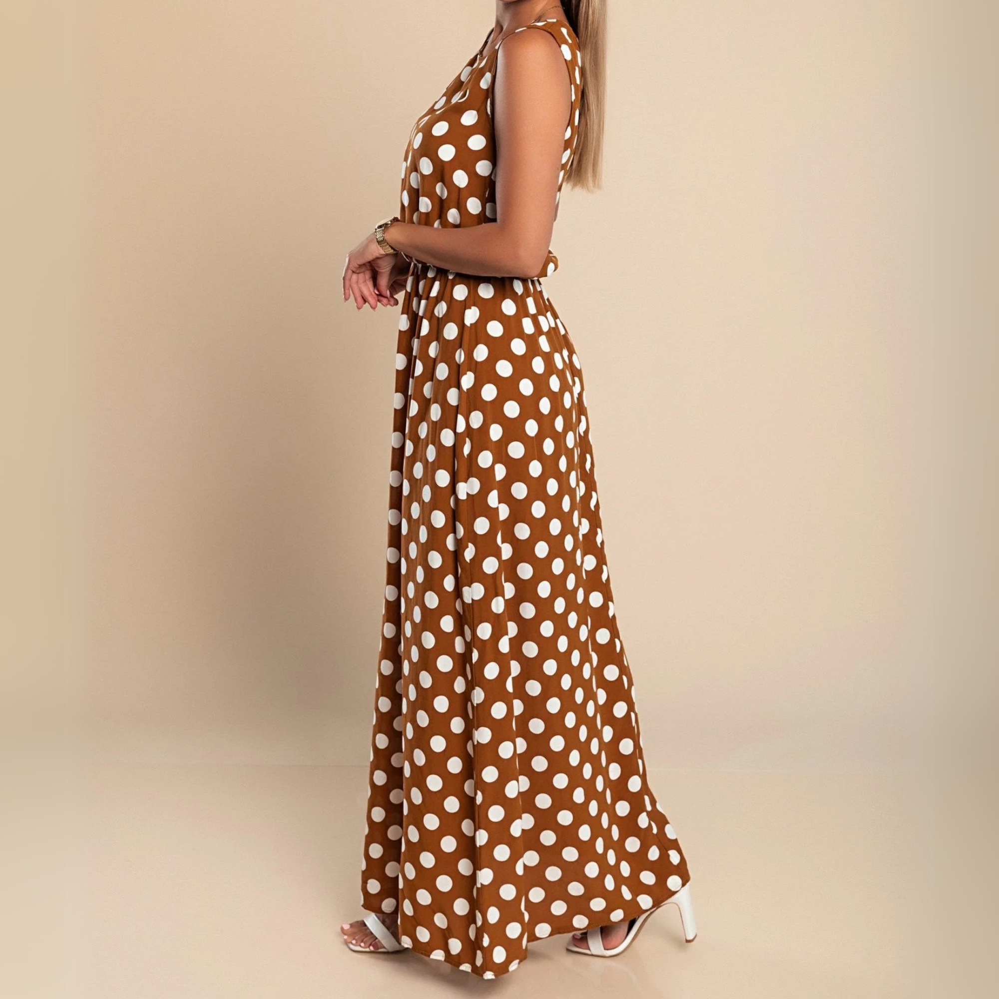 Polka Dot Sleeveless Scoop Neck Elasticated Waist Maxi Dress