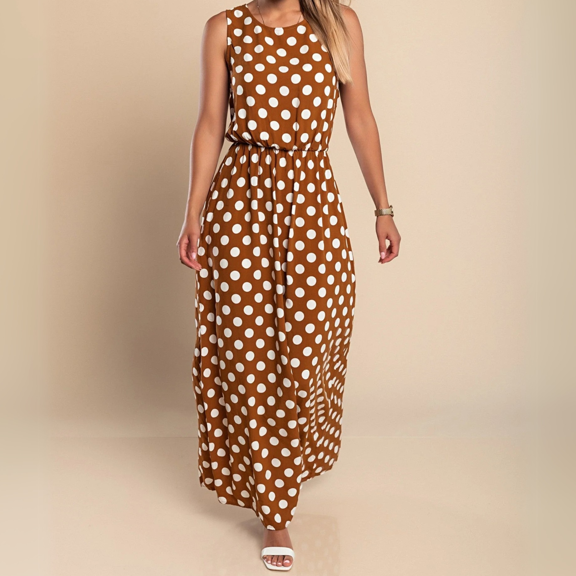 Polka Dot Sleeveless Scoop Neck Elasticated Waist Maxi Dress