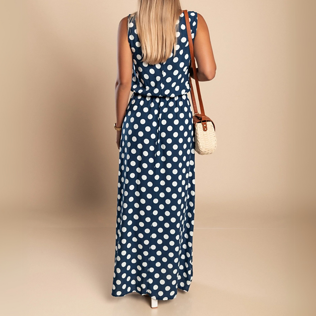 Polka Dot Sleeveless Scoop Neck Elasticated Waist Maxi Dress