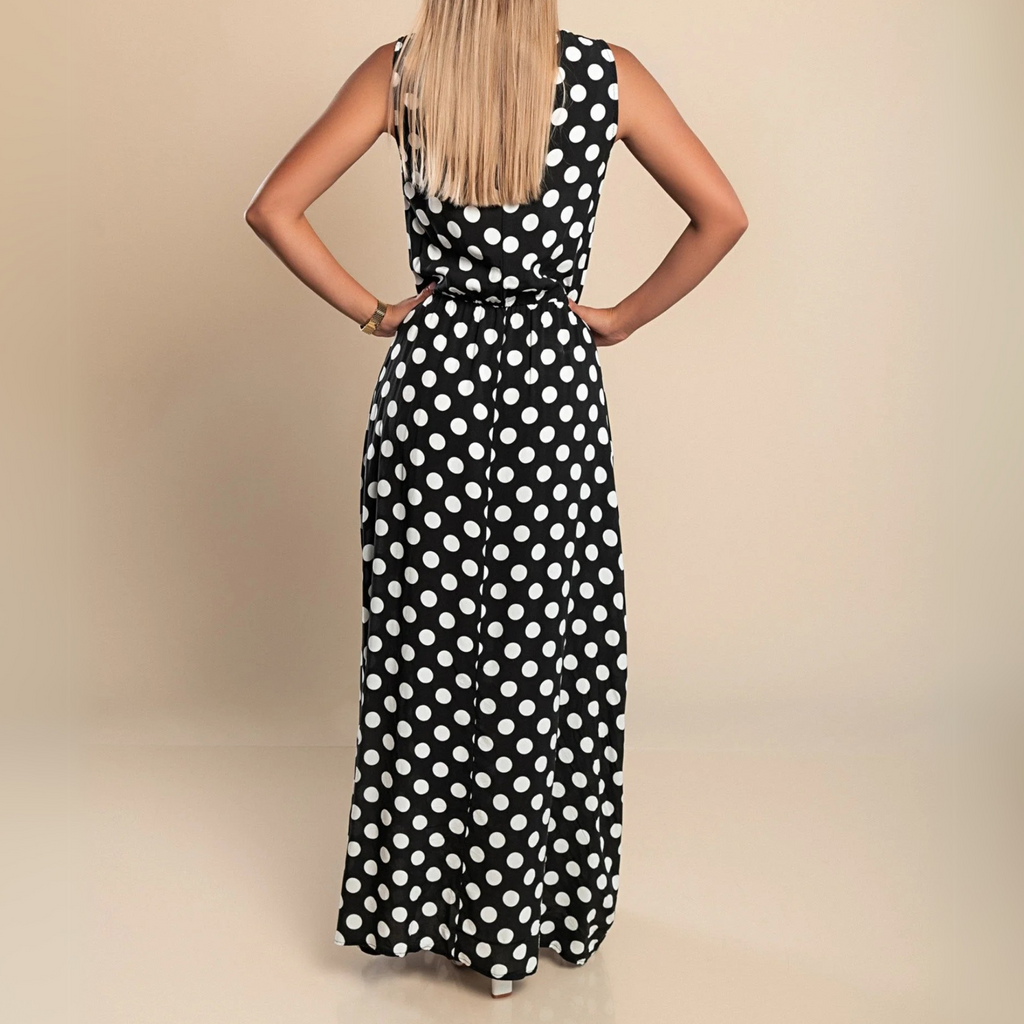 Polka Dot Sleeveless Scoop Neck Elasticated Waist Maxi Dress