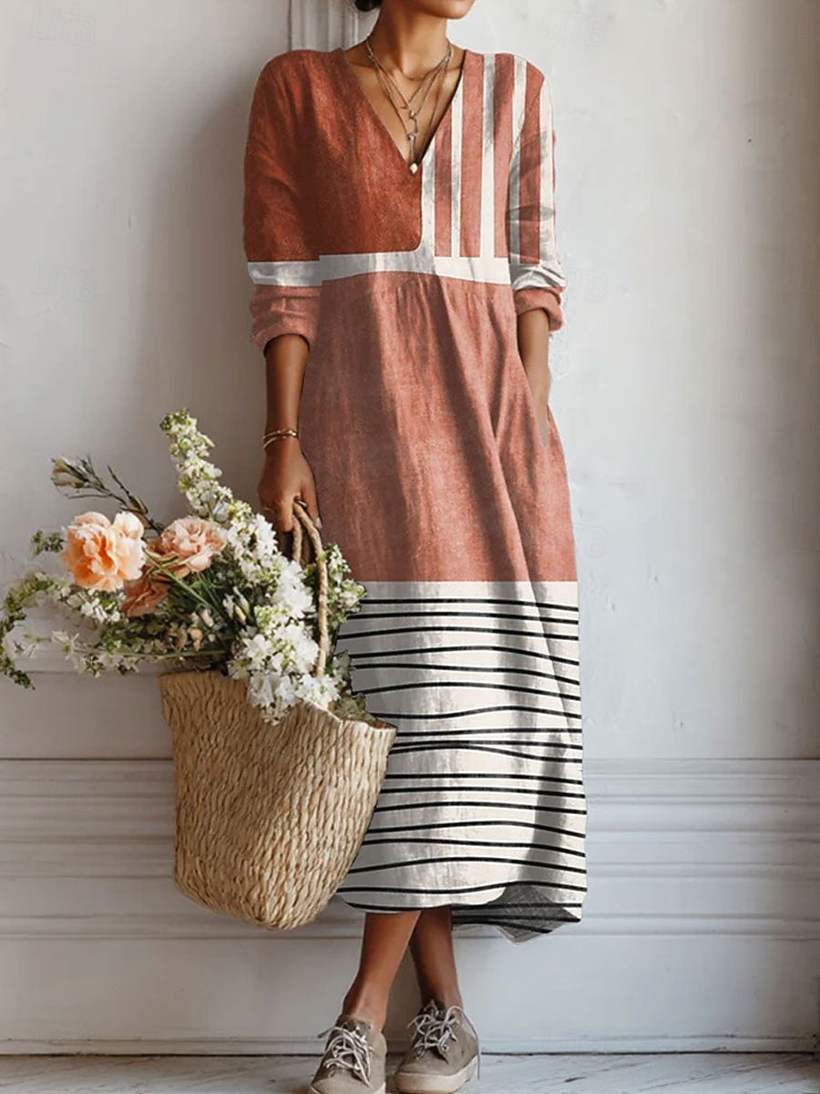 Striped Colour Block Linen V-Neck Casual Maxi Dress