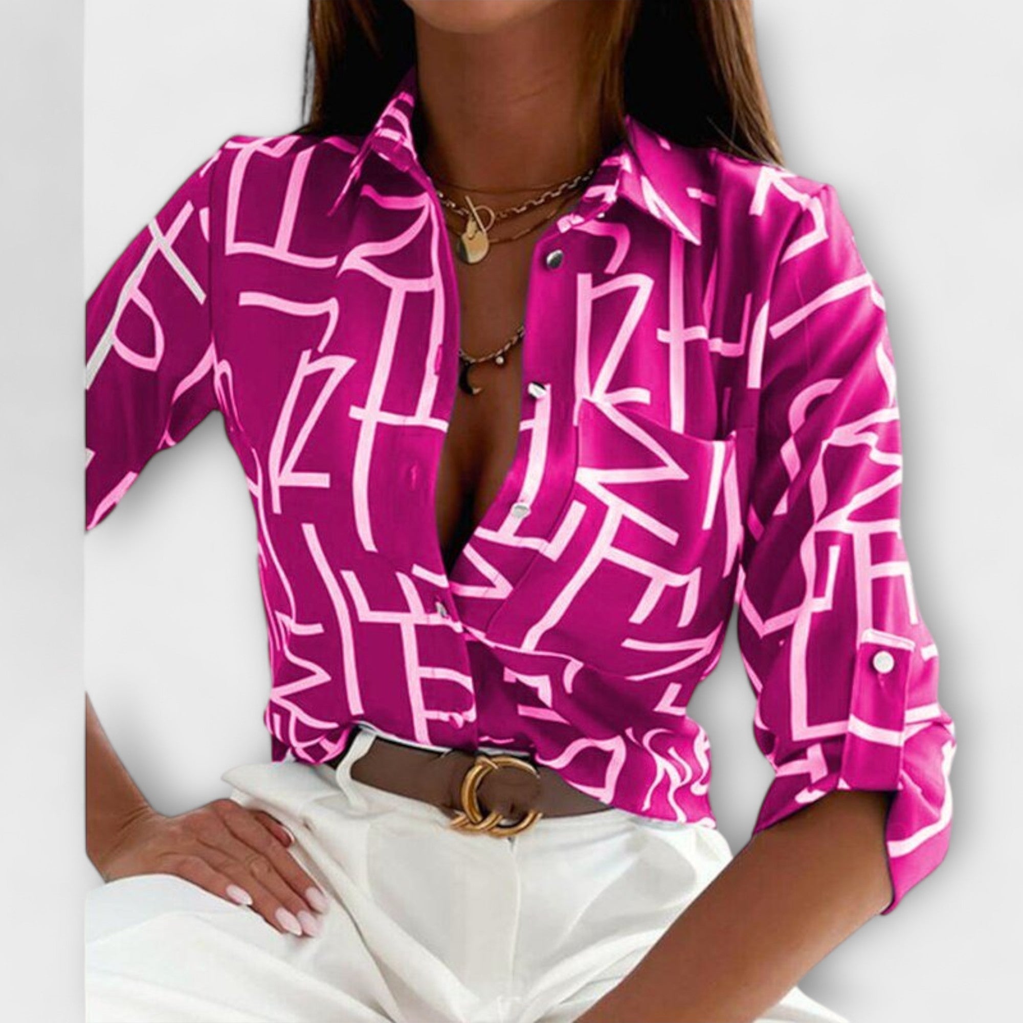 Abstract Print Satin Chest Pocket Button Down Shirt Blouse