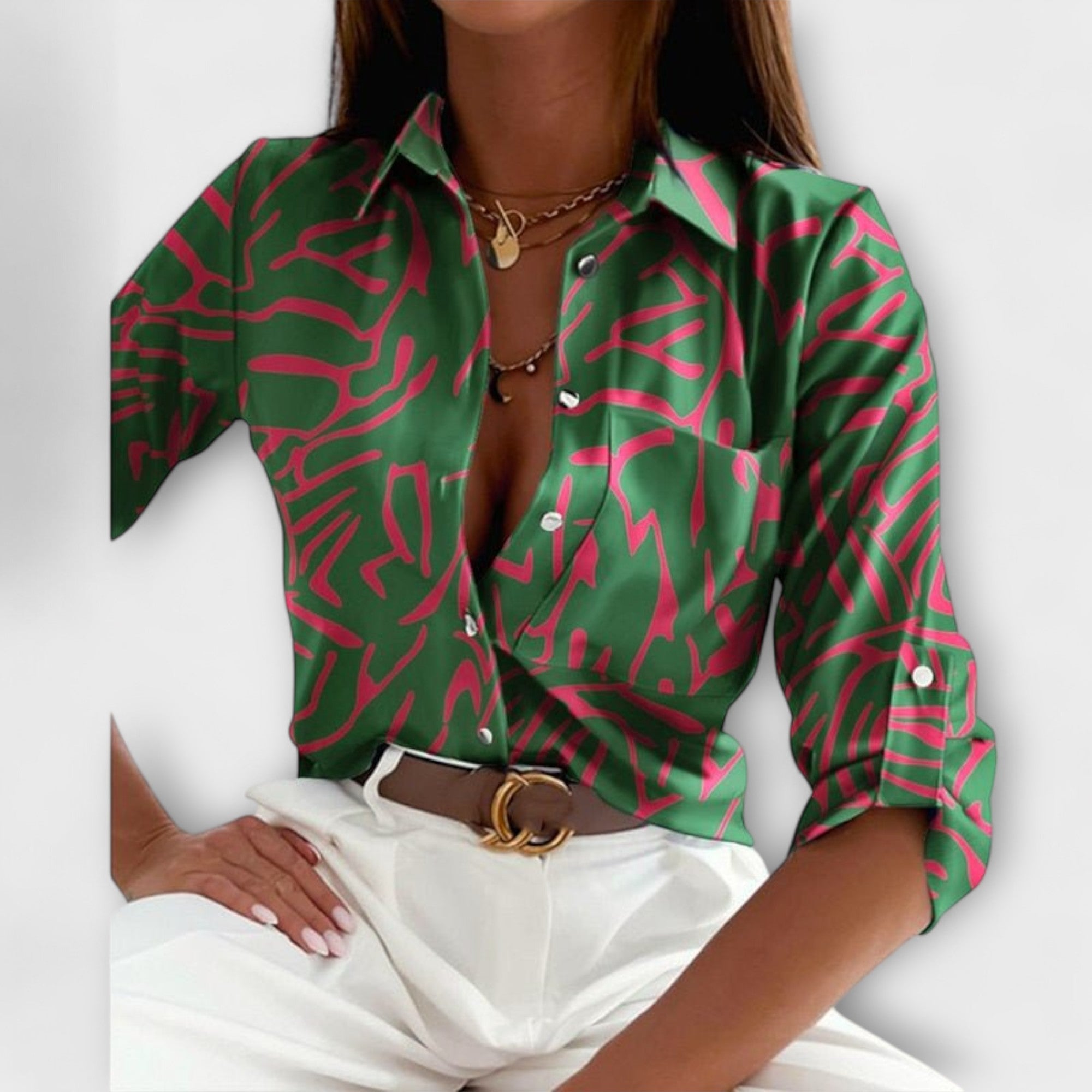 Abstract Print Satin Chest Pocket Button Down Shirt Blouse