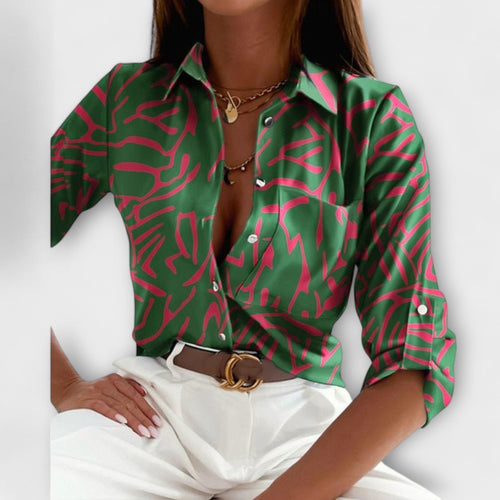 Abstract Print Satin Chest Pocket Button Down Shirt Blouse