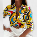 Abstract Print Satin Chest Pocket Button Down Shirt Blouse