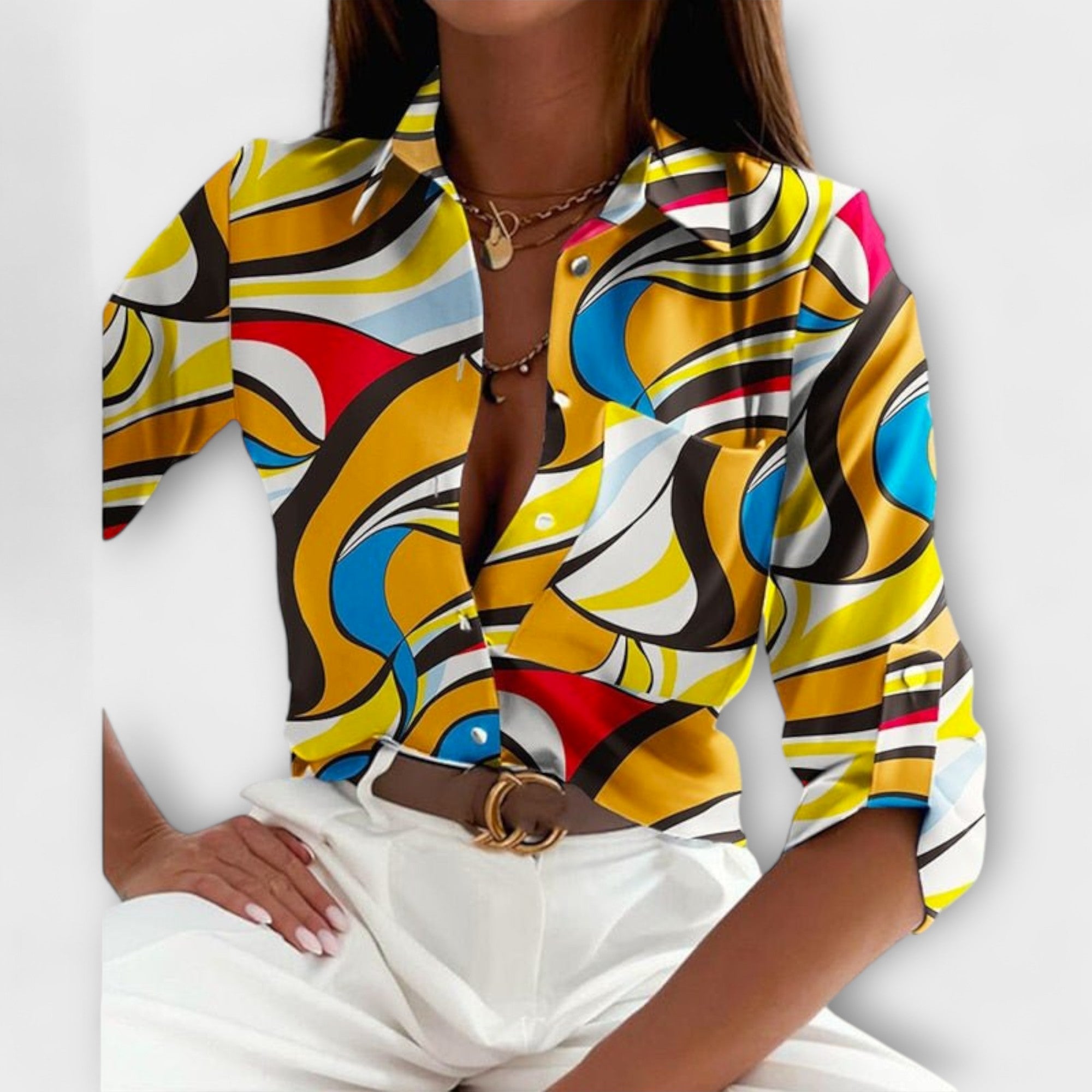Abstract Print Satin Chest Pocket Button Down Shirt Blouse
